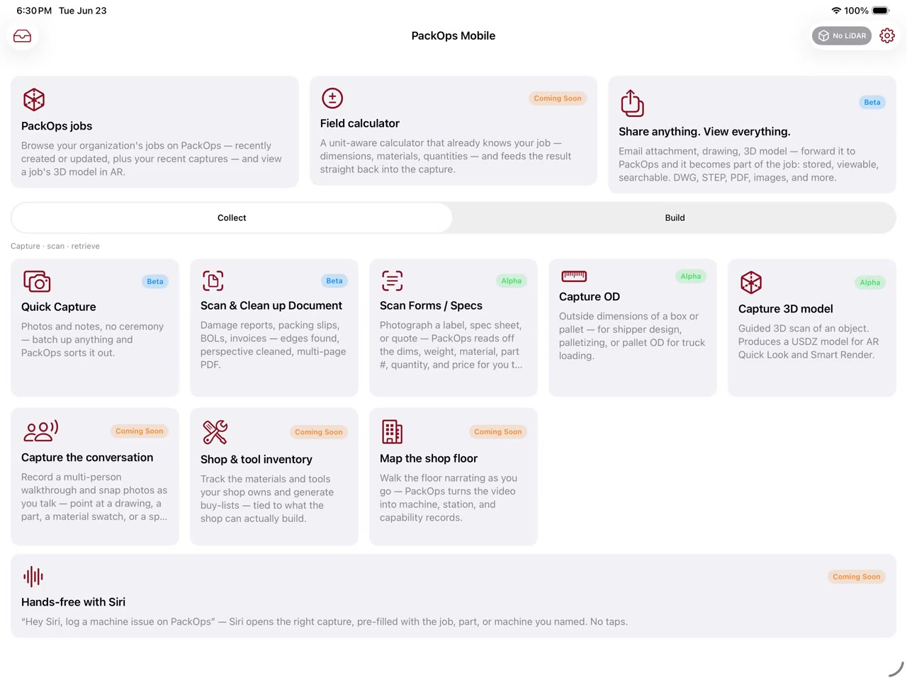 PackOps iPad home screen — Collect and Build