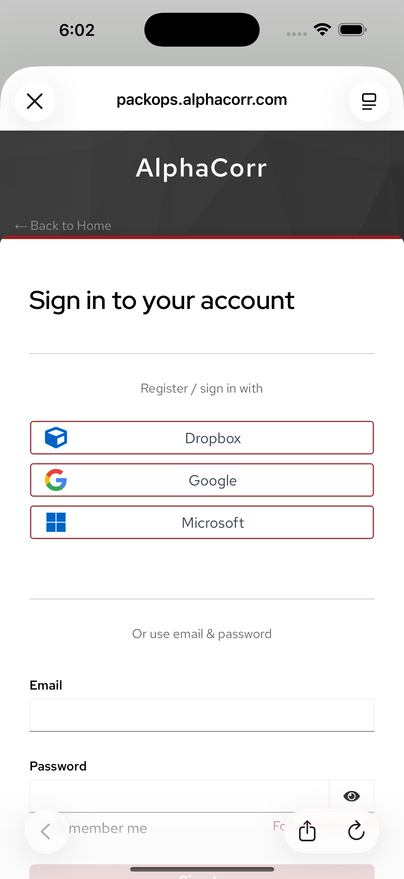 PackOps Secure login on iPhone